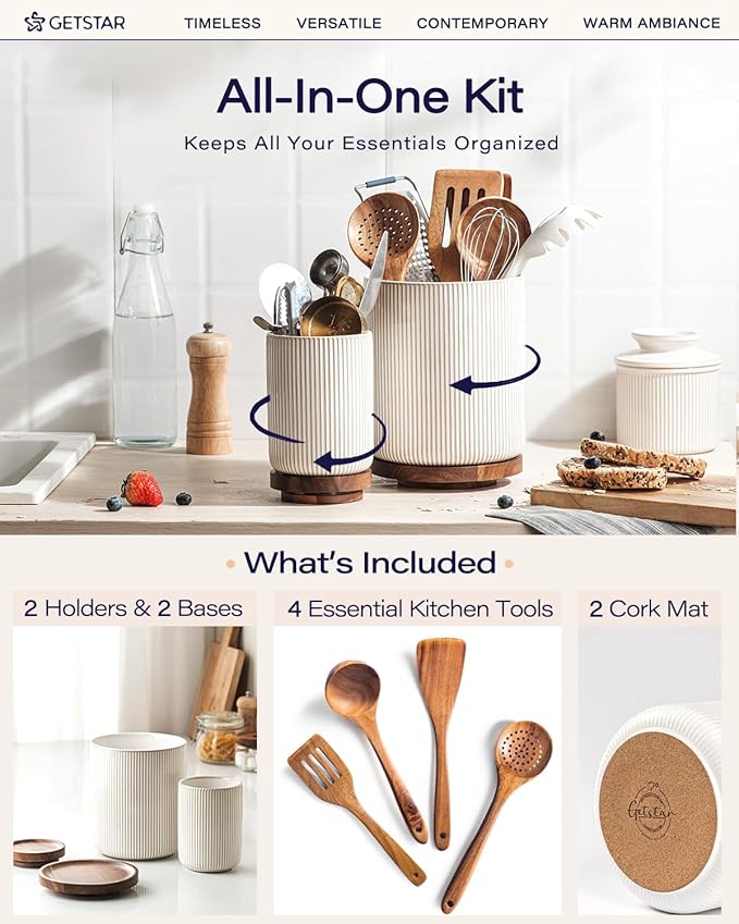 getstar Large Rotating Utensil Holder for Kitchen Counter,7.9"+6" Ceramic Utensils Crocks Set for Countertop Large & Small Utensil Organizer for Spatula Farmhouse Kitchen Decor - Image 3