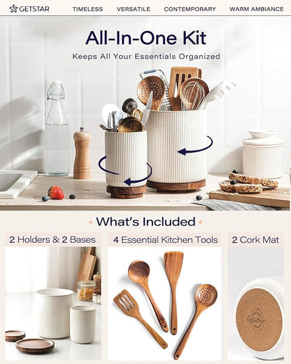 getstar Large Rotating Utensil Holder for Kitchen Counter,7.9"+6" Ceramic Utensils Crocks Set for Countertop Large & Small Utensil Organizer for Spatula Farmhouse Kitchen Decor - Image 3