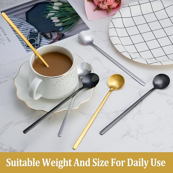 12 Pcs Coffee Spoons Set, 6.7" Gold Tea Spoons Long Handle, Gold Small Teaspoons, Stainless Steel Espresso Spoon, Long Spoon for Stirring, Coffee Bar Accessories (Pack of 2) - Image 7