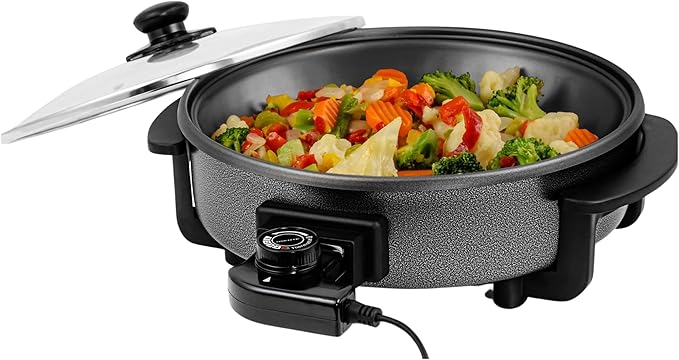 OVENTE 11.5-Inch Electric Skillet & Frying Pan, 1400W Nonstick Cooking Pan with Adjustable Temperature Control, Tempered Glass Lid with Steam Vent, Cool-Touch Handles, Easy-Clean Black SK11112B by Ovente+
