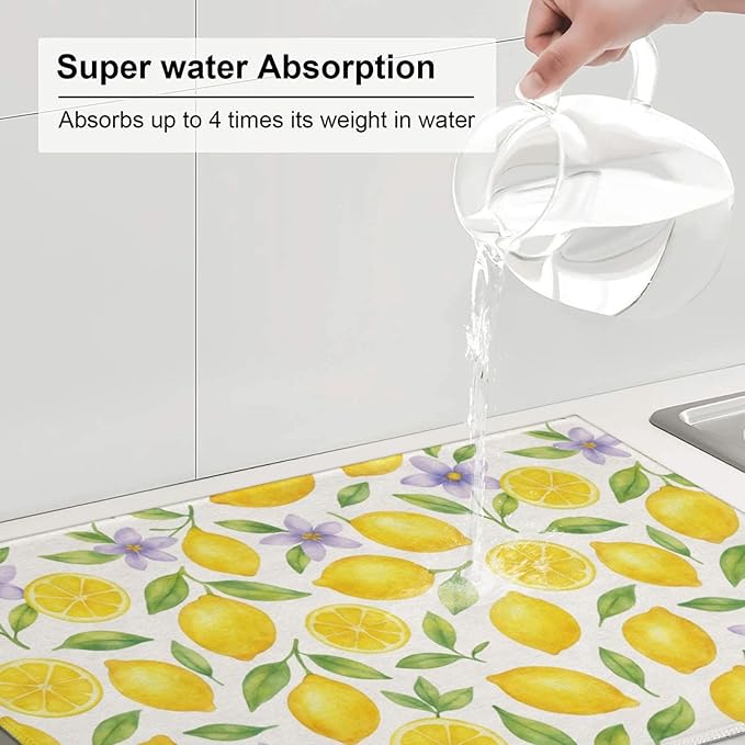 Lemon Dish Drying Mats for Kitchen Counter, Large 18"x24" Dish Mats for Drying Dishes, Microfiber Absorbent Dish Drying Pad Rack Mat Kitchen Decor Reusable Washable