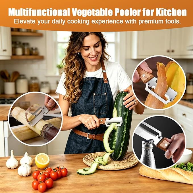 2PCS Multifunctional Vegetable Peeler for Kitchen,2-in-1 Stainless Steel Kitchen Tool with Wooden Handle and Bottle Opener for Fruit Apple Potato Pumpkin Papaya