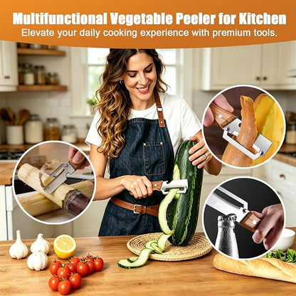 2PCS Multifunctional Vegetable Peeler for Kitchen,2-in-1 Stainless Steel Kitchen Tool with Wooden Handle and Bottle Opener for Fruit Apple Potato Pumpkin Papaya