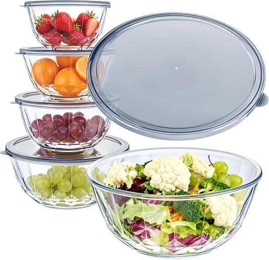 Luvan 5-Piece Glass Mixing Bowls Set with Lids - Clear Salad Bowls with Lids Set, Diamond Pattern Large Glass Mixing Bowl for Baking Prep, Serving & Storage by Luvan