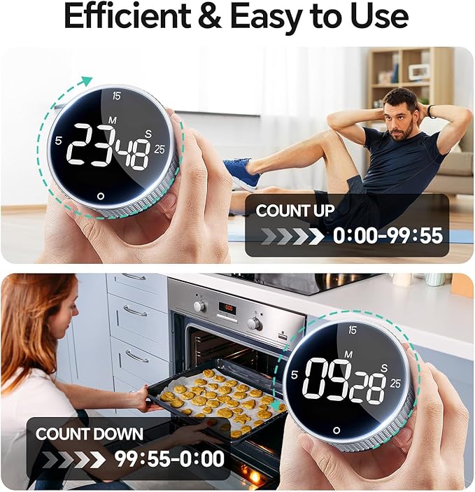 Digital Kitchen Timer with Magnetic, Large LED Display Countdown/Countup Timer, Pomodoro Preset 5/15/25 Mins, Volume & Brightness Adjustable for Cooking Baking Working Studying Silver - Image 7