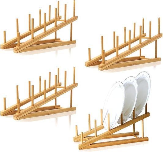 4 PCS Wooden Dish Drying Rack Bamboo Plate Dish Rack Stand Kitchen Cabinet Organizer Pot Lid Holder for Plate, Dish, Cup, Cutting Board, Bowl, Pot Lid by TIE-DailyNec