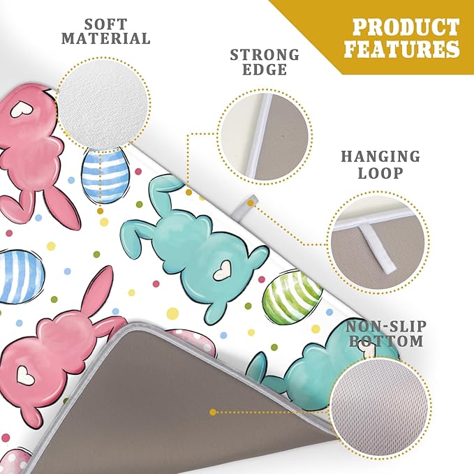 Easter Dish Drying Mat for Kitchen Counter Colorful Bunny Holiday Microfiber Absorbent Dish Draining Reusable Washable Foldable Extra Large 18"x24" - Image 4