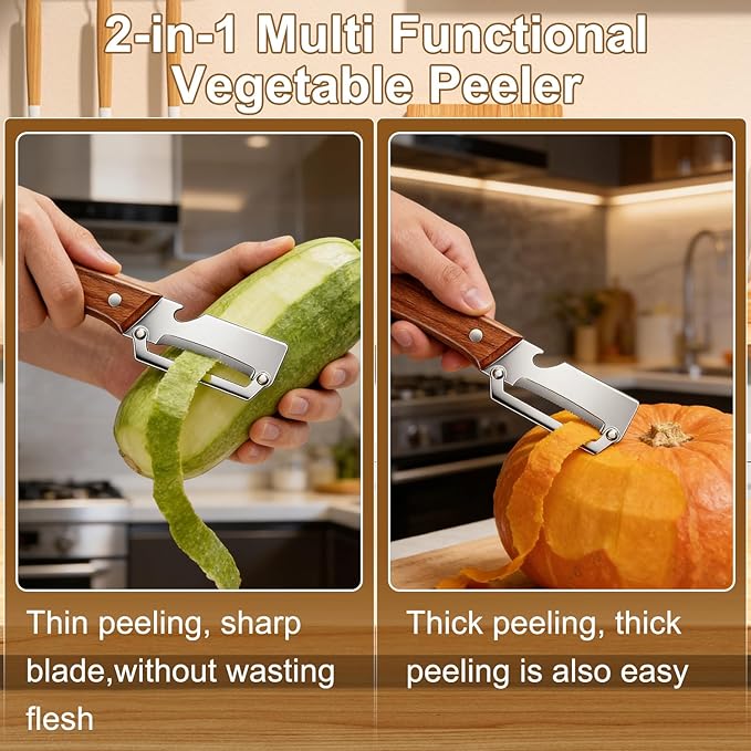 Premium Vegetable Peeler with Wooden Handle and Bottle Opener, Multifunctional 3-in-1 Stainless Steel Kitchen Tool for Fruit Apple Potato Pumpkin Papaya (Wood grain)