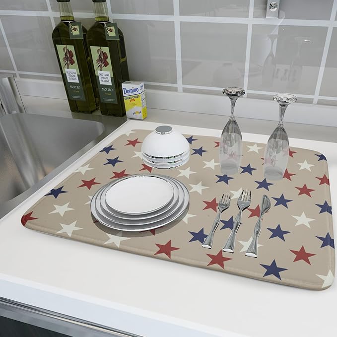 Patriotic July of 4th Blue Red White Star Dish Drying Mat for Kitchen Counter 18x24 Independence Day Absorbent Reversible Microfiber Drying Mats Kitchen Countertop Protector Dishes Drainer Rack Pad - Image 6