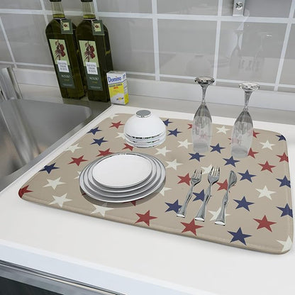 Patriotic July of 4th Blue Red White Star Dish Drying Mat for Kitchen Counter 18x24 Independence Day Absorbent Reversible Microfiber Drying Mats Kitchen Countertop Protector Dishes Drainer Rack Pad - Image 6