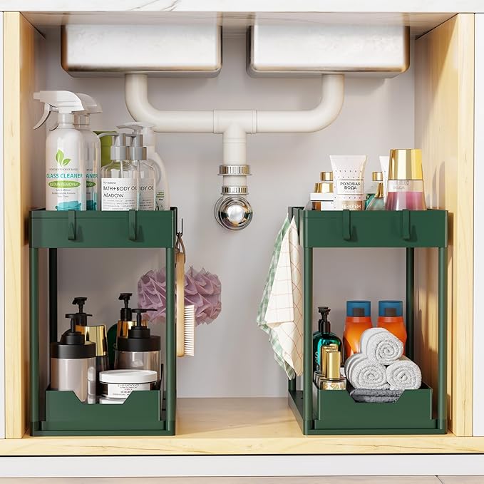 Simple Trending Under Sink Organizer 2 Pack, Sink Pull-Out Sliding Storage Cabinet, 2-Tier Under Shelf Organizer for Kitchen Bathroom, Green - Image 7