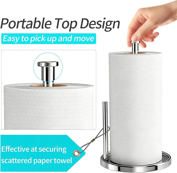 Paper Towel Holder Countertop, Standing Paper Roll Holder with Anti Slip Weighted Base, Stainless Steel Freestanding Paper Towel Holder for Kitchen, Chrome - Image 2
