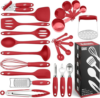 Kaluns Silicone Kitchen Utensils Set 24 Pcs Cooking Utensils Set - Can Opener, Masher, Turner, Spatula 446°F Heat Resistant Non-Stick - Premium Silicone and Stainless Steel Utensil Set