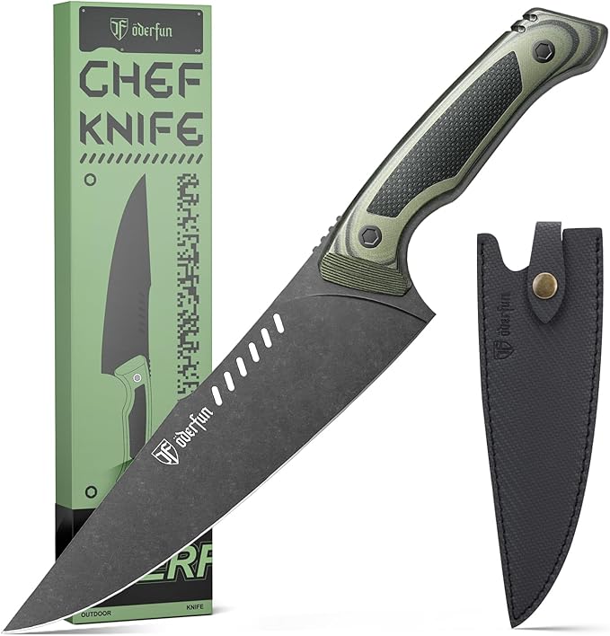 8 Inch Professional Chef Knife with Leather Sheath, Ultra Sharp Kitchen Knife with G10 Handle,Full Tang, Gyuto Style for Home Cooking and Outdoor BBQ, Knives for Men Him Husband
