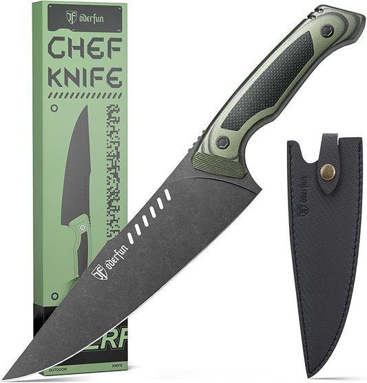 8 Inch Professional Chef Knife with Leather Sheath, Ultra Sharp Kitchen Knife with G10 Handle,Full Tang, Gyuto Style for Home Cooking and Outdoor BBQ, Knives for Men Him Husband