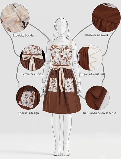 Pinknoke Vintage Pinafore Apron Dress for Women with Pockets Cute Floral Chef Aprons for Kitchen Cooking Baking Gardening - Image 4