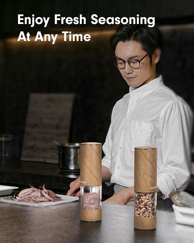 TOMEEM Upgraded Larger Capacity Electric Salt and Pepper Grinder Set Rechargeable with LED lights, Stainless Steel Automatic Pepper and Salt Grinder Refillable with 5 Adjustable Coarseness Wood Grain - Image 8