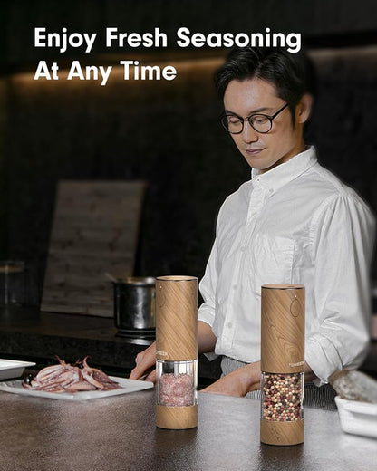TOMEEM Upgraded Larger Capacity Electric Salt and Pepper Grinder Set Rechargeable with LED lights, Stainless Steel Automatic Pepper and Salt Grinder Refillable with 5 Adjustable Coarseness Wood Grain - Image 8