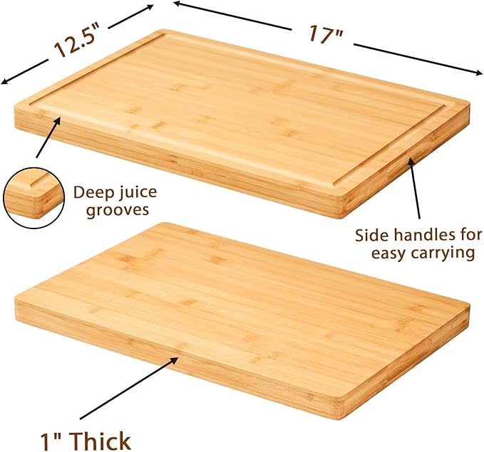 Allsum Large Bamboo Wood Cutting Boards for Kitchen, 1" Extra Thick Butcher Block with Juice Grooves & Handles Resisting to Warping and Cracking, Fancy Charcuterie Boards, 17"L x 12.5"W - Image 3