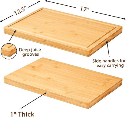 Allsum Large Bamboo Wood Cutting Boards for Kitchen, 1" Extra Thick Butcher Block with Juice Grooves & Handles Resisting to Warping and Cracking, Fancy Charcuterie Boards, 17"L x 12.5"W - Image 3
