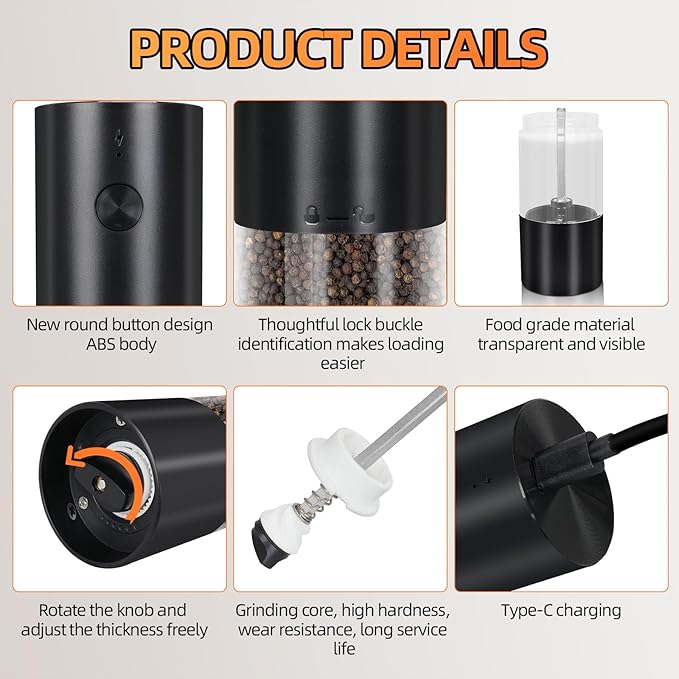 Electric Salt & Pepper Grinder Set of 2,Adjustable Coarseness with USB C Charging Rechargeable for Women &Men (Black Set)