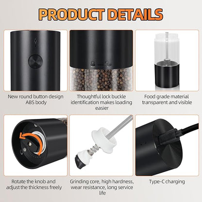 Electric Salt & Pepper Grinder Set of 2,Adjustable Coarseness with USB C Charging Rechargeable for Women &Men (Black Set)
