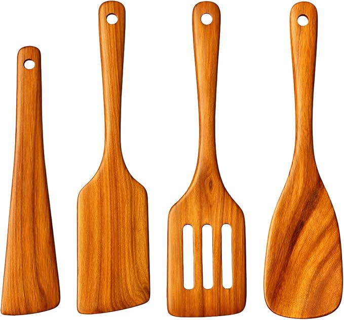Wooden Kitchen Utensil Set, 4-Piece Teak Wood Cooking Utensils for Nonstick Cookware, Spatula, Slotted Turner and Scraper, Natural Wooden Tools for Everyday Cooking