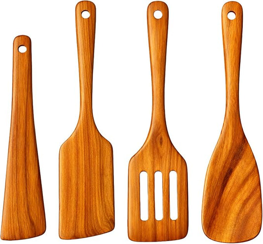 Wooden Kitchen Utensil Set, 4-Piece Teak Wood Cooking Utensils for Nonstick Cookware, Spatula, Slotted Turner and Scraper, Natural Wooden Tools for Everyday Cooking