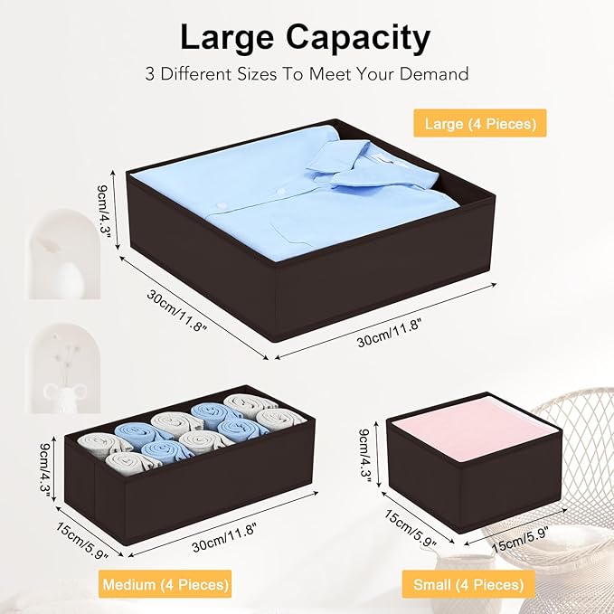 DIMJ Drawer Organizer Clothes, 12 Pack Underwear Organizer, Foldable Closet Organizers, Sock Organizer Bra Organizer, Fabric Dresser Organizer for Clothes, Bra, Socks, Tie (Brown) - Image 3
