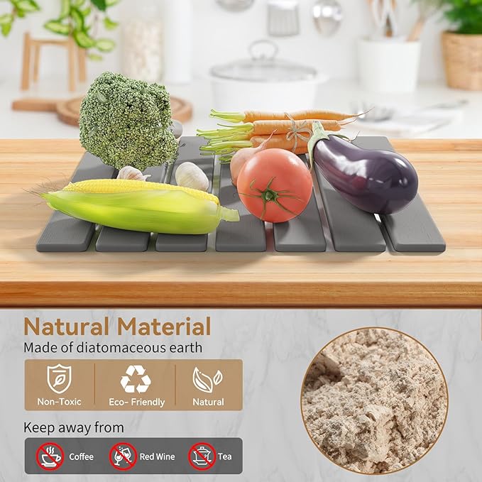 Stone Dish Drying Mat for Kitchen Counter,15.5''x11.8'' Foldable Quick Dry Stone Kitchen Mat,Eco-Friendly,Absorbent Diatomaceous Earth Mats for Dishes Bottles Cups Bathroom Any Countertop-Light Gray - Image 6