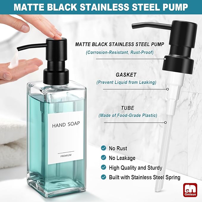 GMISUN Glass Soap Dispenser with Stainless Steel Pump, Clear Hand Soap Dispenser for Bathroom, 12 fl oz/350ml Hand and Dish Soap Dispensers Set for Kitchen, Refillable Liquid Soap and Lotion Bottle - Image 3