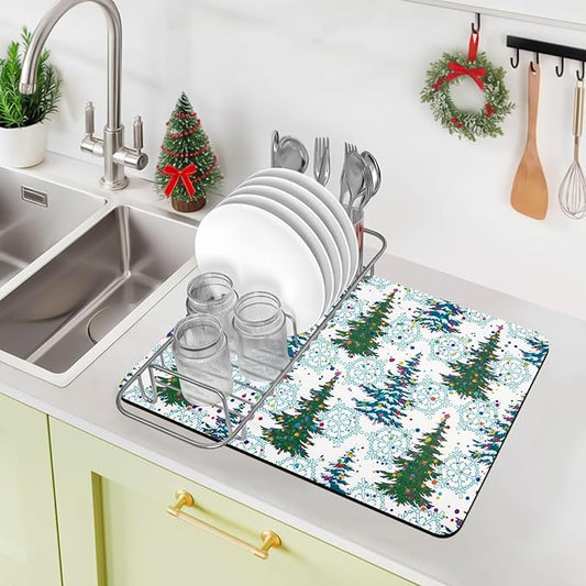 Bloss Christmas Dish Drying Mat, 19x12 Inch Coffee Mat with Christmas Tree + Snowflakes Printed, Drying Matt Kitchen Counter / Bar Mat by Bloss