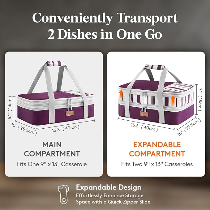 Lifewit Insulated Double Decker Casserole Carrier, Expandable Lasagna Lugger Tote Bag for Hot or Cold Food, Fits 9" x 13" Baking Dish for Potluck Parties, Picnic and Cookouts, Purple