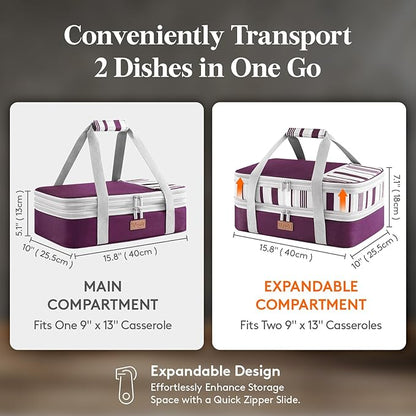 Lifewit Insulated Double Decker Casserole Carrier, Expandable Lasagna Lugger Tote Bag for Hot or Cold Food, Fits 9" x 13" Baking Dish for Potluck Parties, Picnic and Cookouts, Purple
