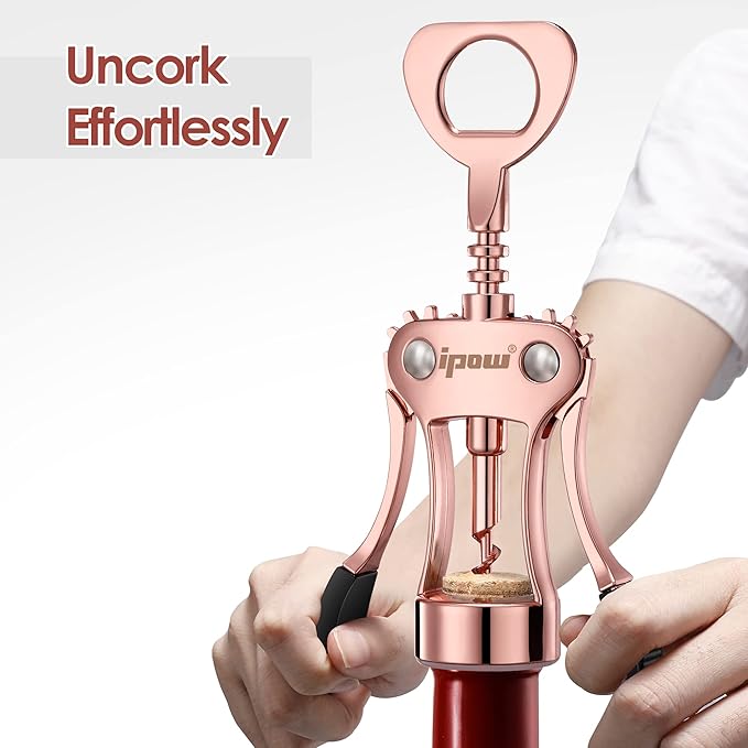 IPOW Wine Opener, Zinc Alloy Wine Bottle Opener, Wing Corkscrew Heavy Duty, Manual Multifunctional Cork Screw for Waiter,Rose Gold - Image 4