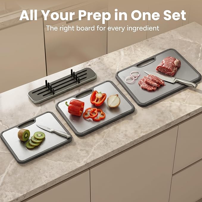 SMIRLY Titanium Cutting Board for Kitchen, Double Sided Chopping Board Set with Holder, 100% Pure Titanium, Dishwasher Safe, 3 Pack - Image 7
