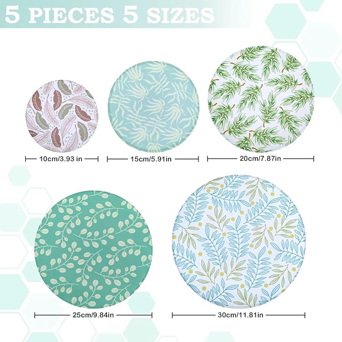 5-Size Reusable Beeswax Bowl Covers for Bread Proofing, Cotton Cloth Flexible Beeswax Wraps for Food Storage(Green Leaves) - Image 2