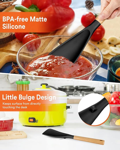 Cooking Spoon for Nonstick Cookwares, Great for Cooking and Serving Sturdy BPA-Free Matte Silicone, Wood Handle Spoon for Mixing, Scoop, and Scrape (2 Pack of Black, 13.4 inch) - Image 5