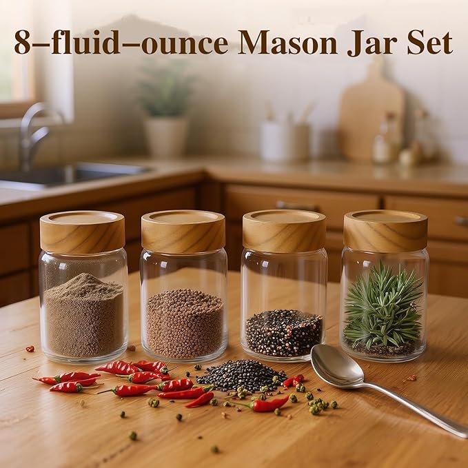 6-Pack 8 fl oz Stackable Airtight Glass Jars (with Acacia Wood Lids + Sticker Labels) – Small Mason Jars designed for overnight oats, spices, dry goods, and kitchen organization.
