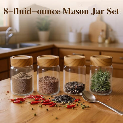6-Pack 8 fl oz Stackable Airtight Glass Jars (with Acacia Wood Lids + Sticker Labels) – Small Mason Jars designed for overnight oats, spices, dry goods, and kitchen organization.