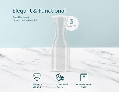 KooK Glass Carafe, Mimosa Bar Supplies, Carafe Pitchers with Lid, Set of 3, Glass Water Pitcher, Drink Dispensers for Parties, Tea, Wine, and Juice, Plastic Lids, Dishwasher Safe, 35 oz - Image 6