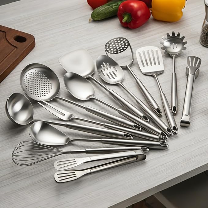 304 Stainless Steel Cooking Utensils Set, 13 PCS Long Large Metal Cooking Utensil Tools Set, Mirror Polished Kitchen Gadget Cookware and Kitchen Tool Set, Dishwasher Safe