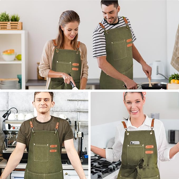 OUNLEN Chef Apron for Men Women Canvas Aprons with 3 Pockets Cross Back Resistant Work Apron for Cooking - Image 6