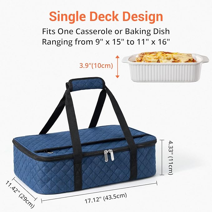 Insulated Casserole Carrier Portable Food Tote for Hot or Cold – Fits 9"x13" Baking Dish, Lasagna Holder for Parties, Picnic, Travel, Beach - Navy Blue