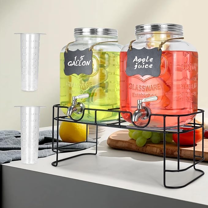 DD&HAPP Gallon Glass Drink Dispensers For Parties 2PACK.1.5Gallon Beverage Dispenser,Glass Drink Dispenser With Stand And Stainless Steel Spigot 100% Leakproof.Lemonade Dispenser With Ice Cylinder. by DD%26HAPP