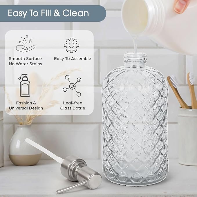 Gem-Patterned Glass Soap Dispenser with Rust Proof Stainless Steel Pump-13 oz Liquid Hand Soap Dispenser for Kitchen & Bathroom,Great for Lotions, Essential Oil, Liquid Soaps-Clear - Image 2