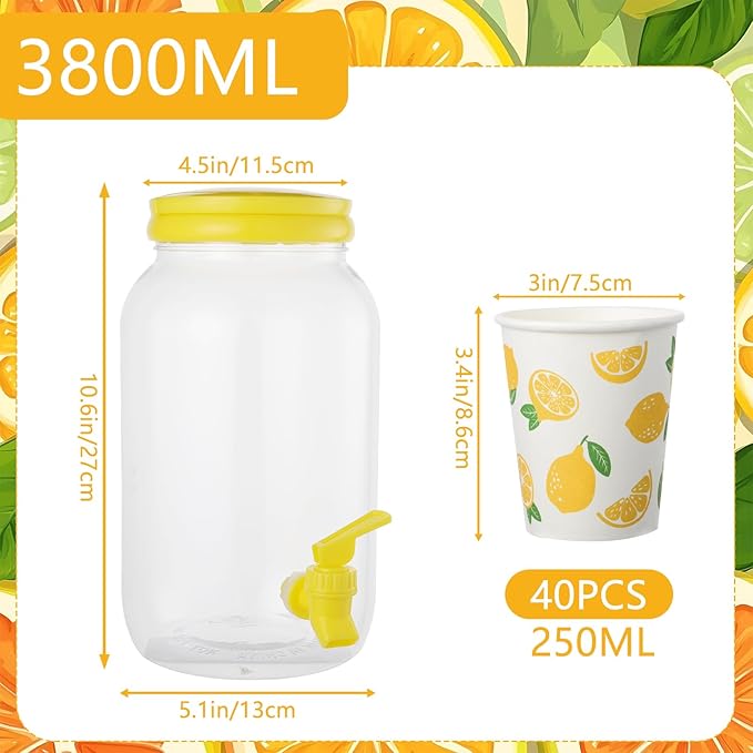 2 Pcs Plastic Beverage Dispenser with Spigot and 40 Pcs Lemon Paper Party Cups Kitchen Fridge Clear Plastic Drink Summer Beverage Dispenser for Summer Parties Water Lemon Juice Tea Beer