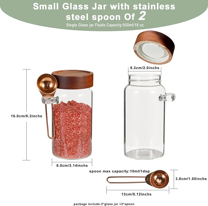 18oz Glass Coffee Jars with Scoop Wood Screw Lid Clear Round Spice Jar Herb Container Sugar Storage Bottle Canister for Seasoning Meal Prep Tea Coffee Ground Bean Salts (2×550ml(18oz)with spoon) - Image 2