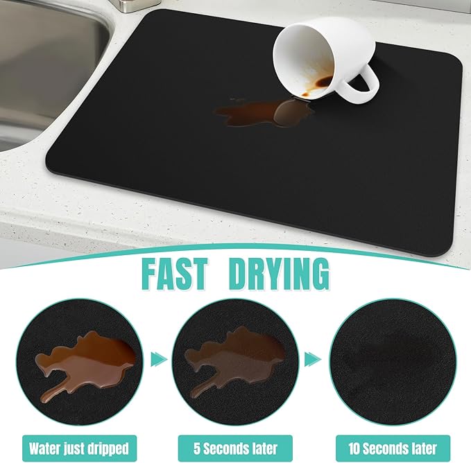 WISELIFE Coffee Mat Super Absorbent Dish Drying Mat Bar Accessories Match with Coffee Machine Large Drying Mats for Kitchen Counter 16" W x 24" L, Black - Image 3
