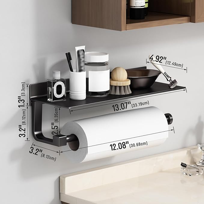 Danpoo Wall Mount Paper Towel Holder with Shelf for Bathroom/Kitchen, Adhesive Hand Towel Holder, Matte Black - Image 2